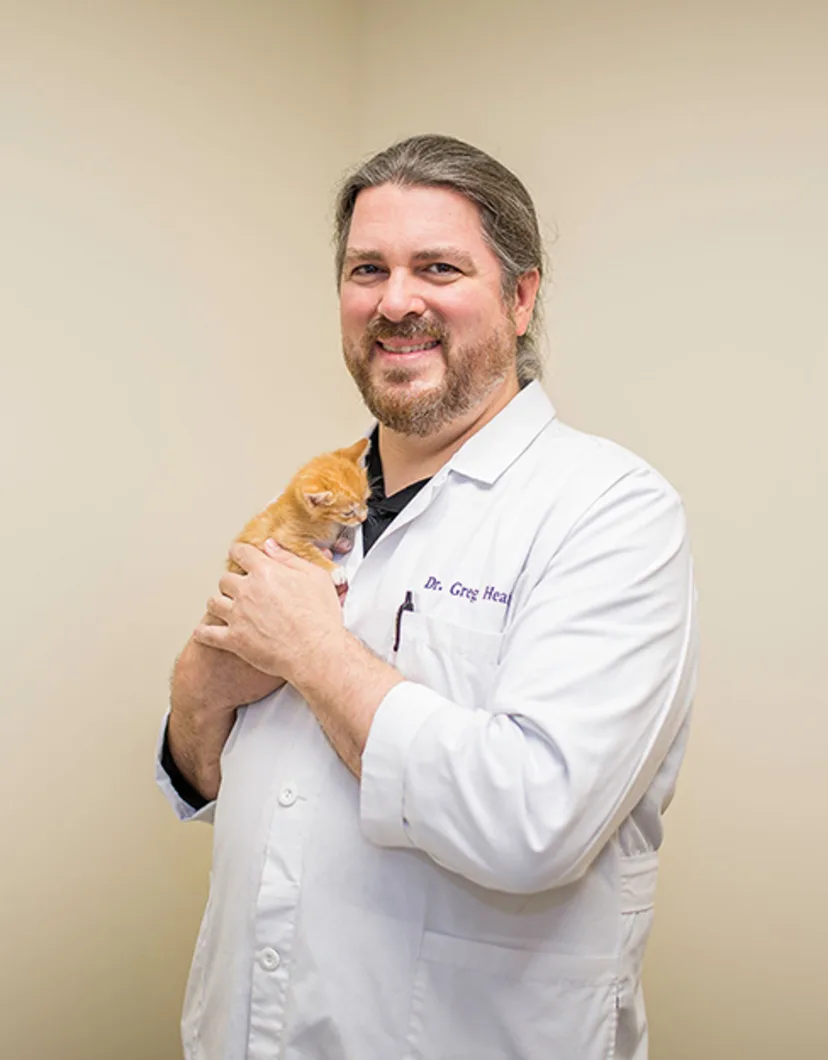 Dr. Greg Heaton of Ruskin Animal Hospital holding a cat while sitting down